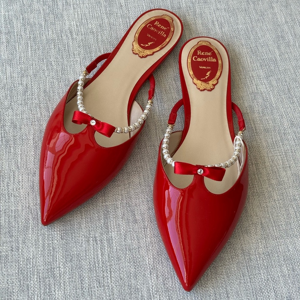 NEW René Caovilla ballerina red patent leather pointy slippers with pearls